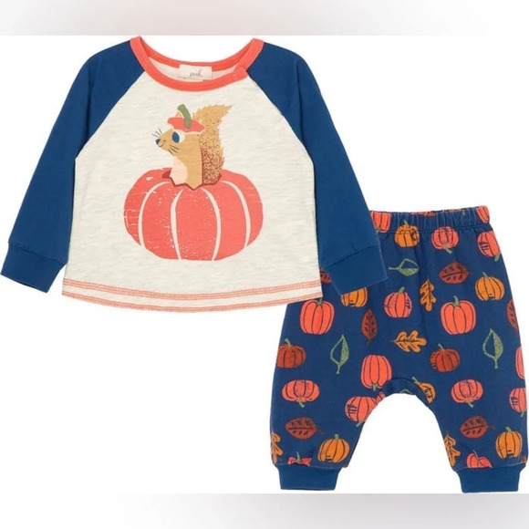 Peek Essentials Pumpkin Squirrel 🎃🐿️ Cotton Graphic Tee & Print Pants Set, NWT - Picture 1 of 4